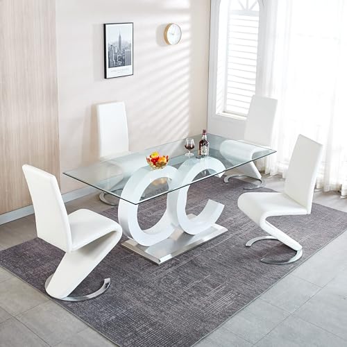 70 inch Glass Dining Table for 8, Tempered Glass with Gold Stainless Steel Pedestal U5101