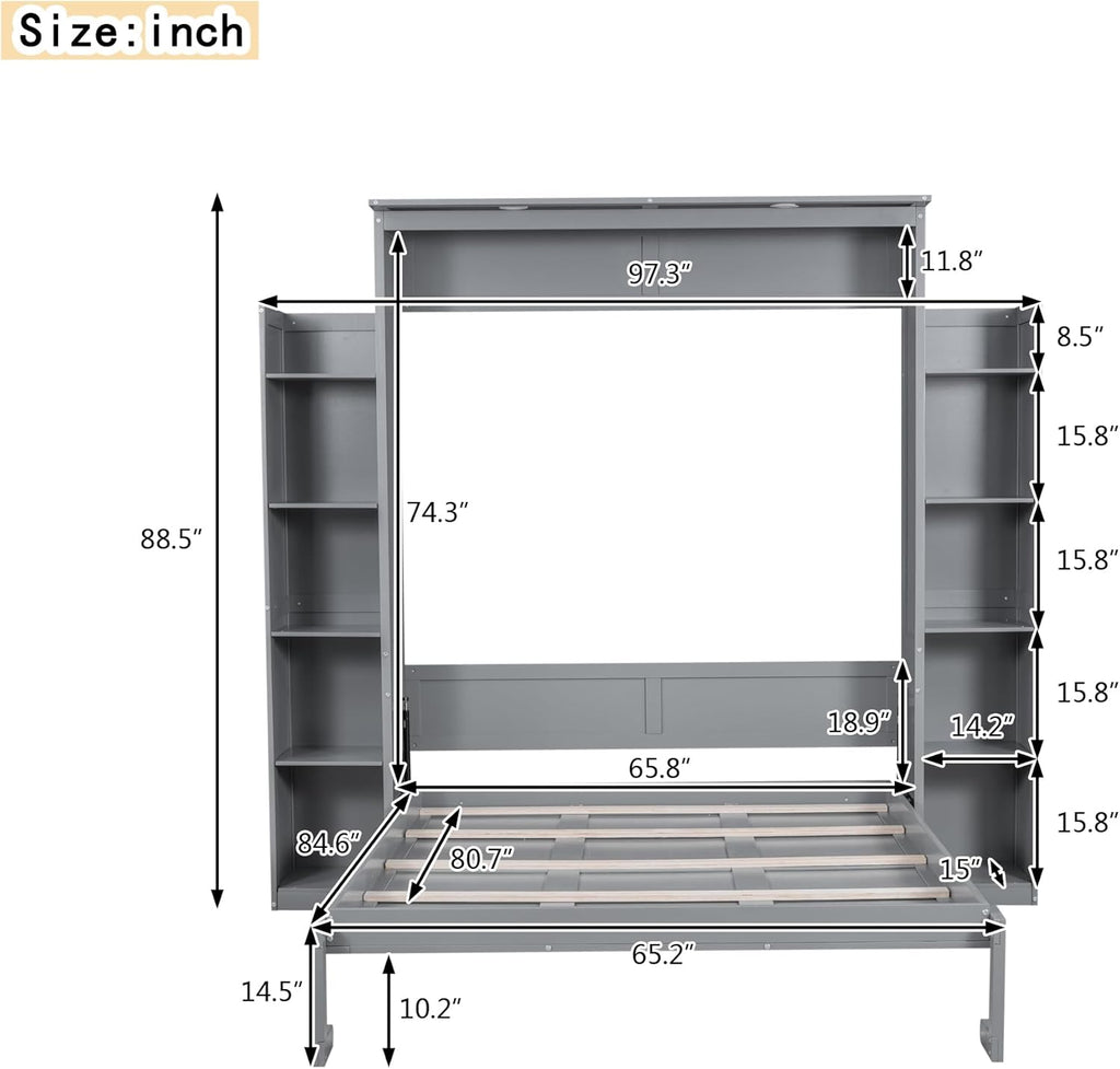 WADRI Queen Size Murphy Bed Wall Bed with Bookshelf, Solid Wood, Gray E603808