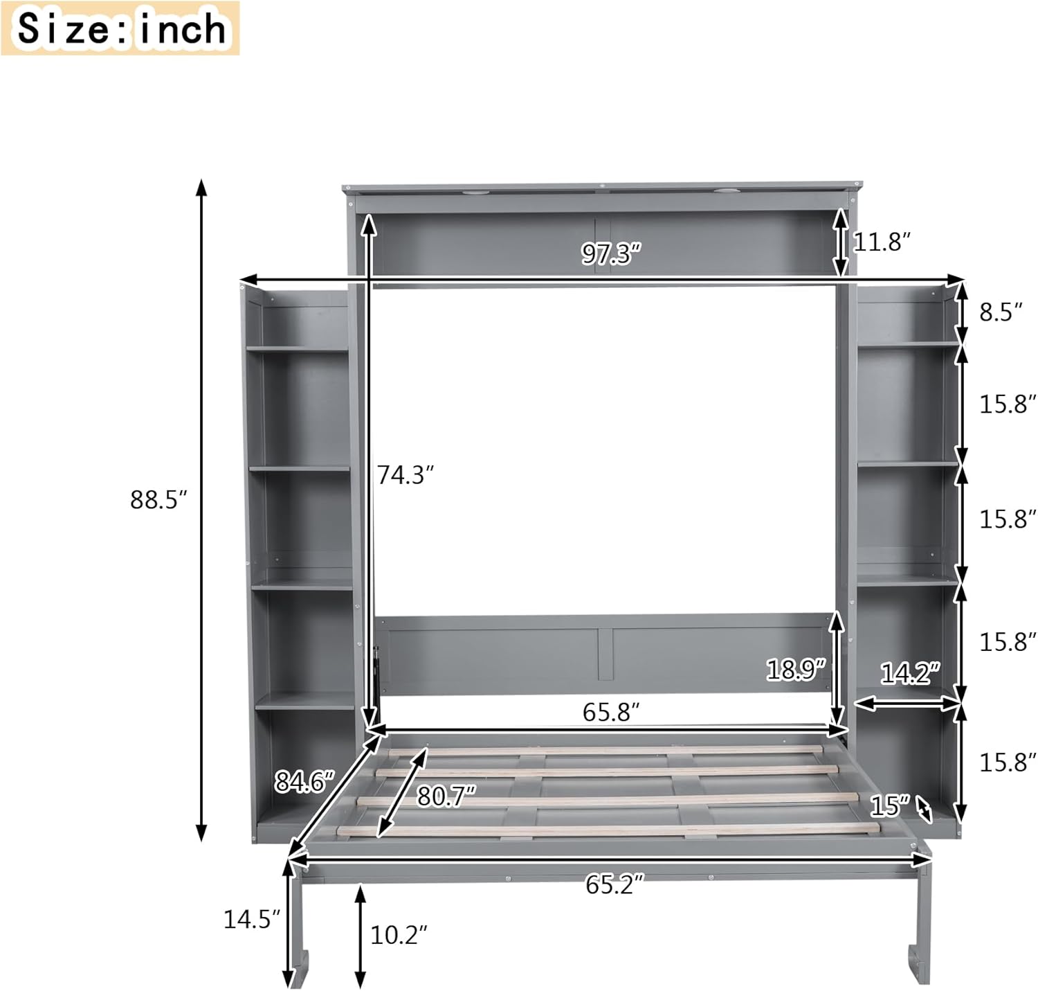 WADRI Queen Size Murphy Bed Wall Bed with Bookshelf, Solid Wood, Gray E603808