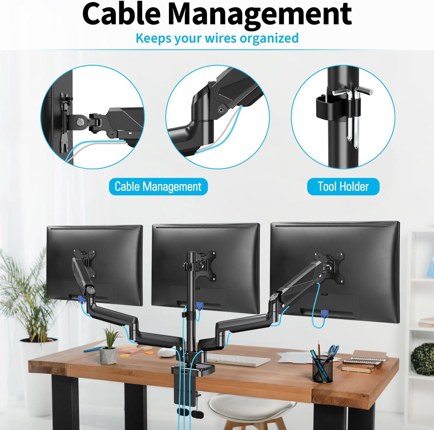 MOUNTUP Triple Monitor Mount Desk Stand for 3 Screens Up to 27 inch, Gas Spring, Heavy Duty J193