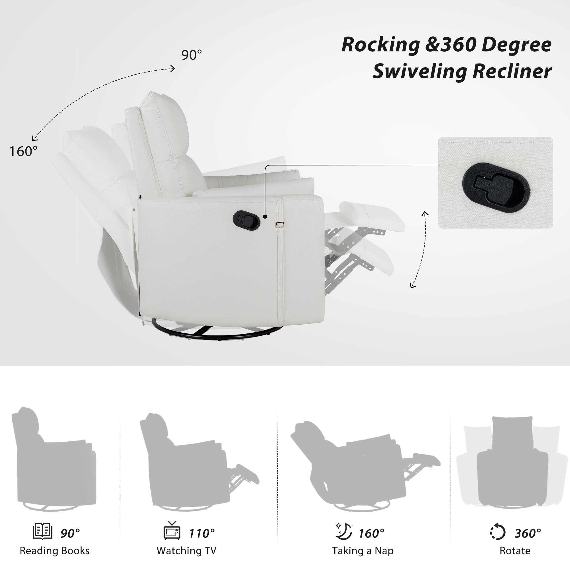 BedLuxury Swivel Recliner Chair with Two Removable Pillows, Beige N329842
