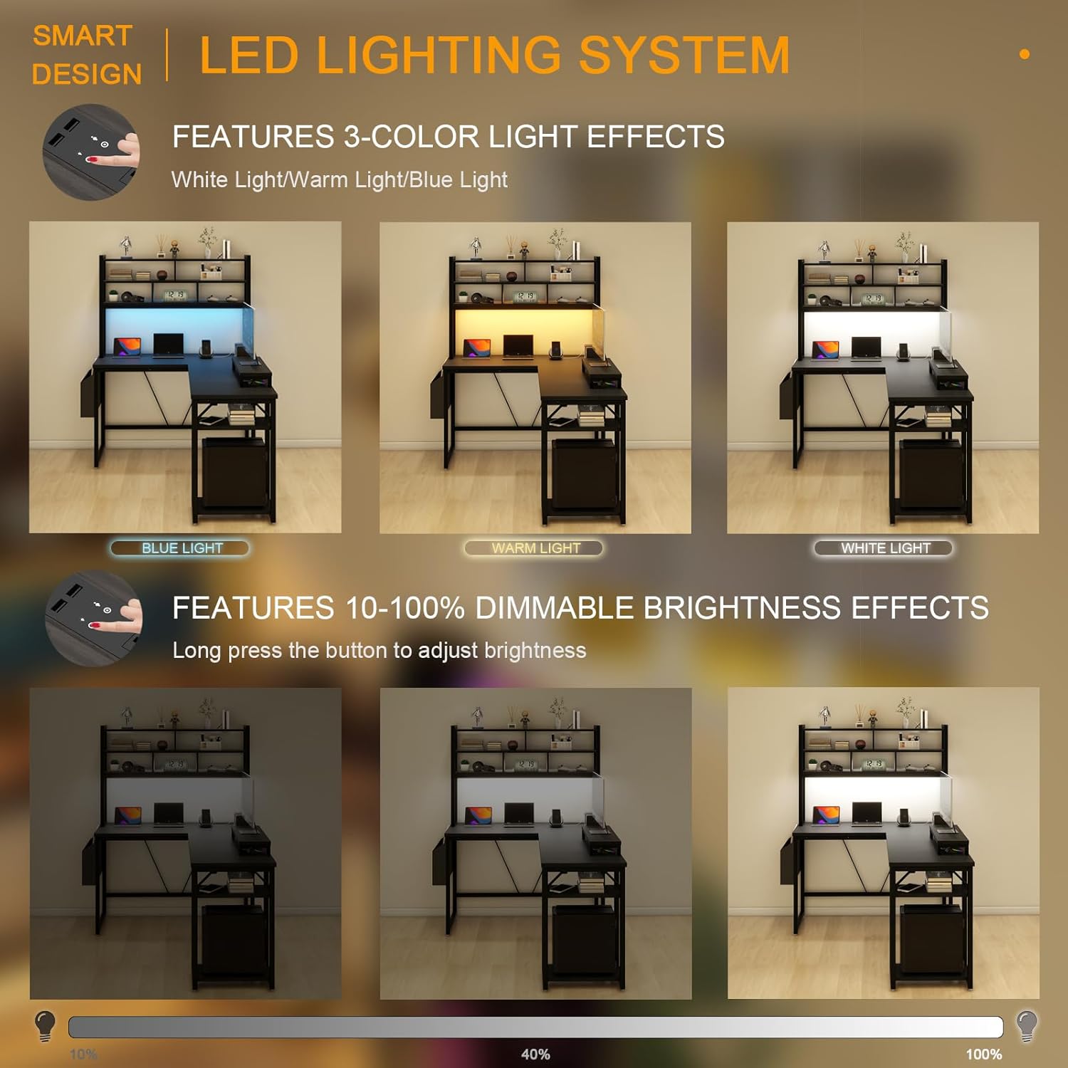 L Shaped Computer Desk with LED Lights and Power Outlets X615315