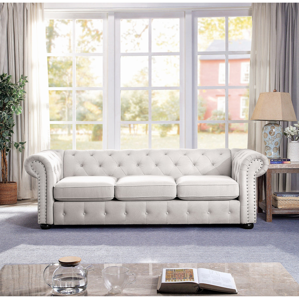 Corvus Aleksis Tufted Chesterfield 3-Seater Sofa with Rolled Arms, Light Grey J109