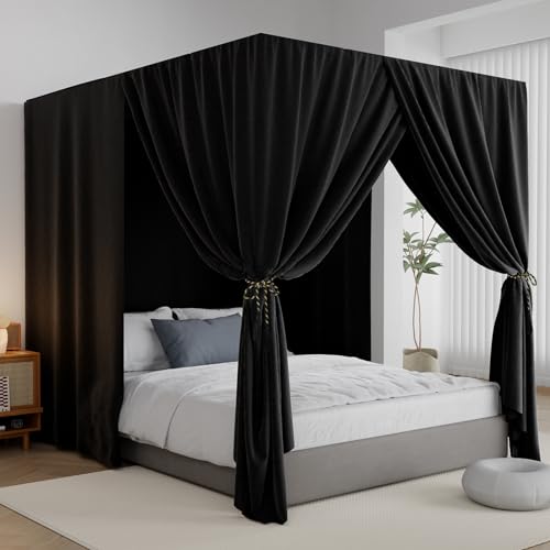 Black Canopy Bed Curtains - 4 Corner Post Bed Curtains Queen Lightproof Drapes Bed Canopy with Top Ties and Tie Backs for Adults & Girls Bedroom Decoration(Black,Queen)