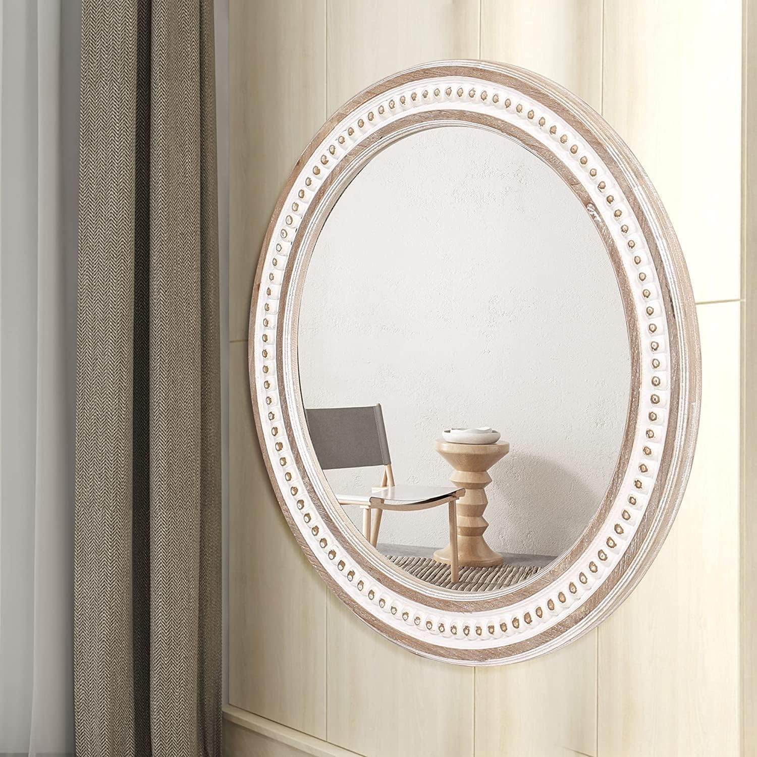 24 Inches Farmhouse Round Wood Mirror with Beads, Rustic Wall Decor A43766