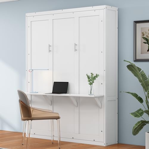 Murphy Bed Queen with 2 Side Cabinet Storage Shelves, USB Port, Foldable Platform Bed Frame, White F219