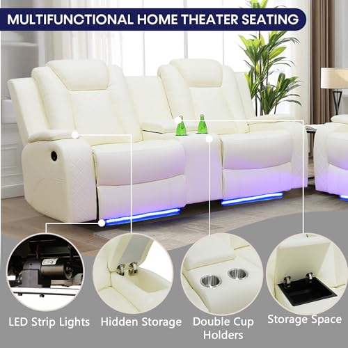 Leather Recliner Sofa Set with LED Lights, USB Port, Black, 3 Piece O741