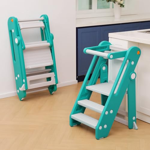 Onasti Toddler Tower Kitchen Stool Helper - Foldable, Adjustable Height, Blue Grey E26106