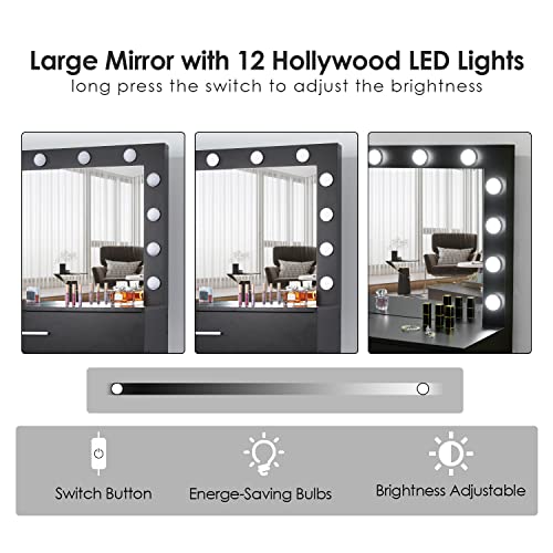 Makeup Vanity Desk with Mirror and 12 Lights, White with Charging Station I719