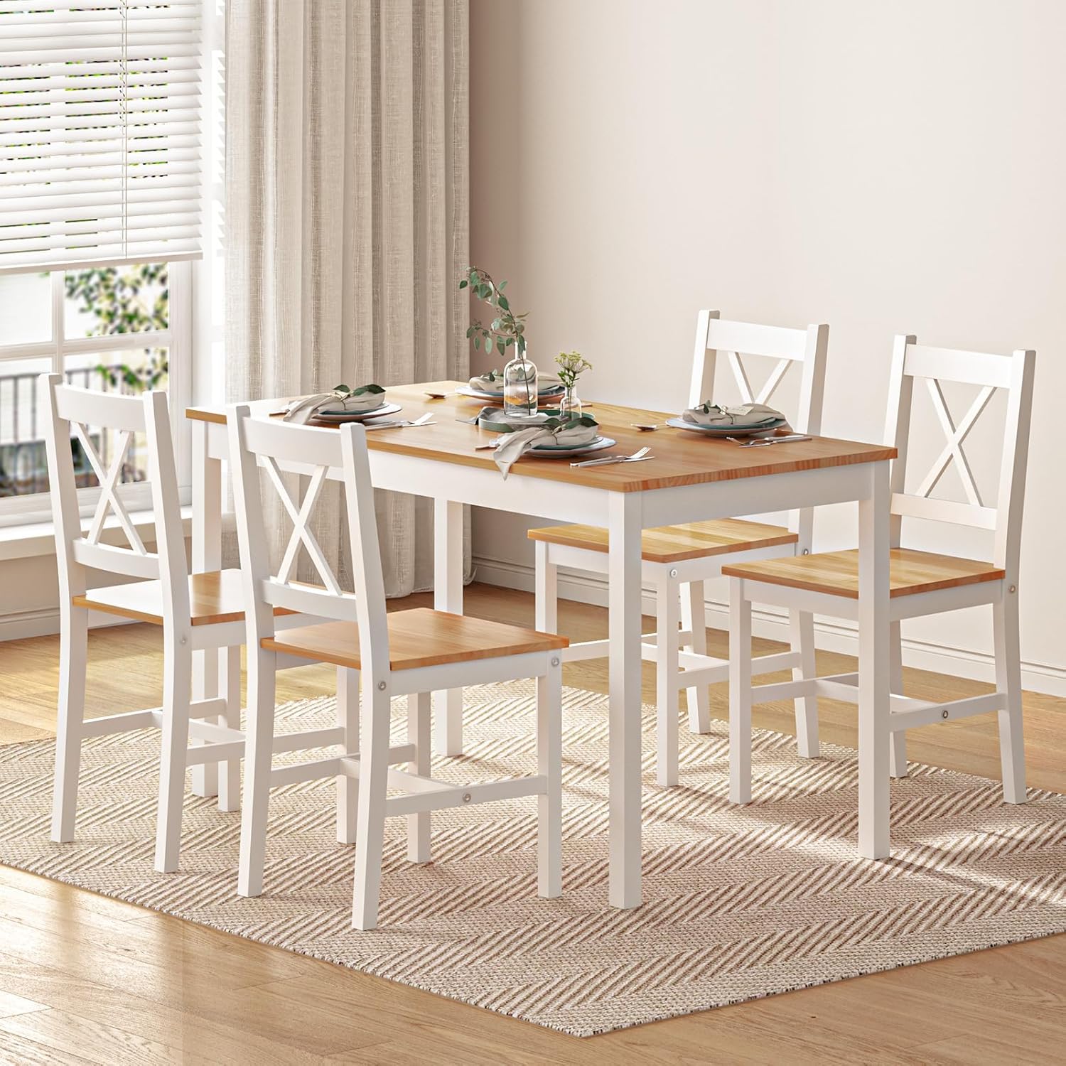 sogesfurniture 5-Piece Wood Kitchen Dining Table Set with 4 Chairs, White & Oak R84579