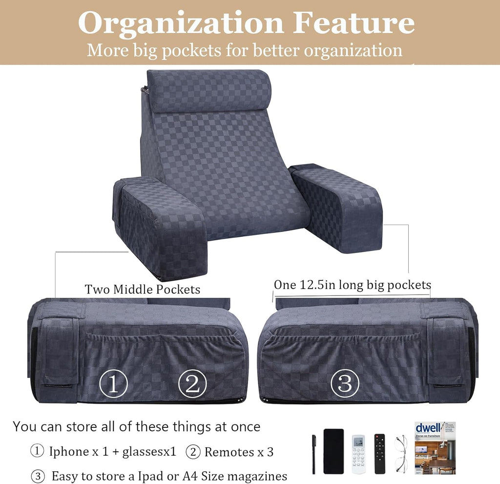 Vekkia Reading Pillow for Sitting in Bed Adult, Back Rest Pillow with Arms, Dark Grey O360566