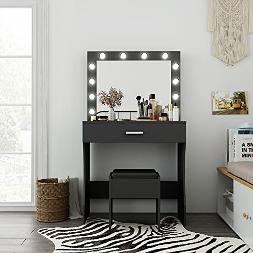 Makeup Vanity Desk with Mirror and 12 Lights, White with Charging Station I719