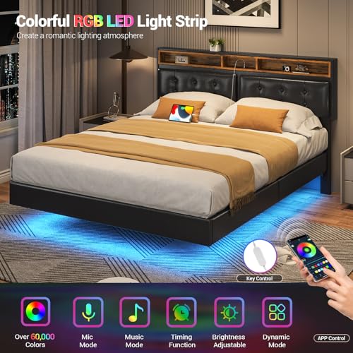 Hasuit California King Floating Bed Frame with LED Lights and Charging Station, Faux Leather Black Z6705