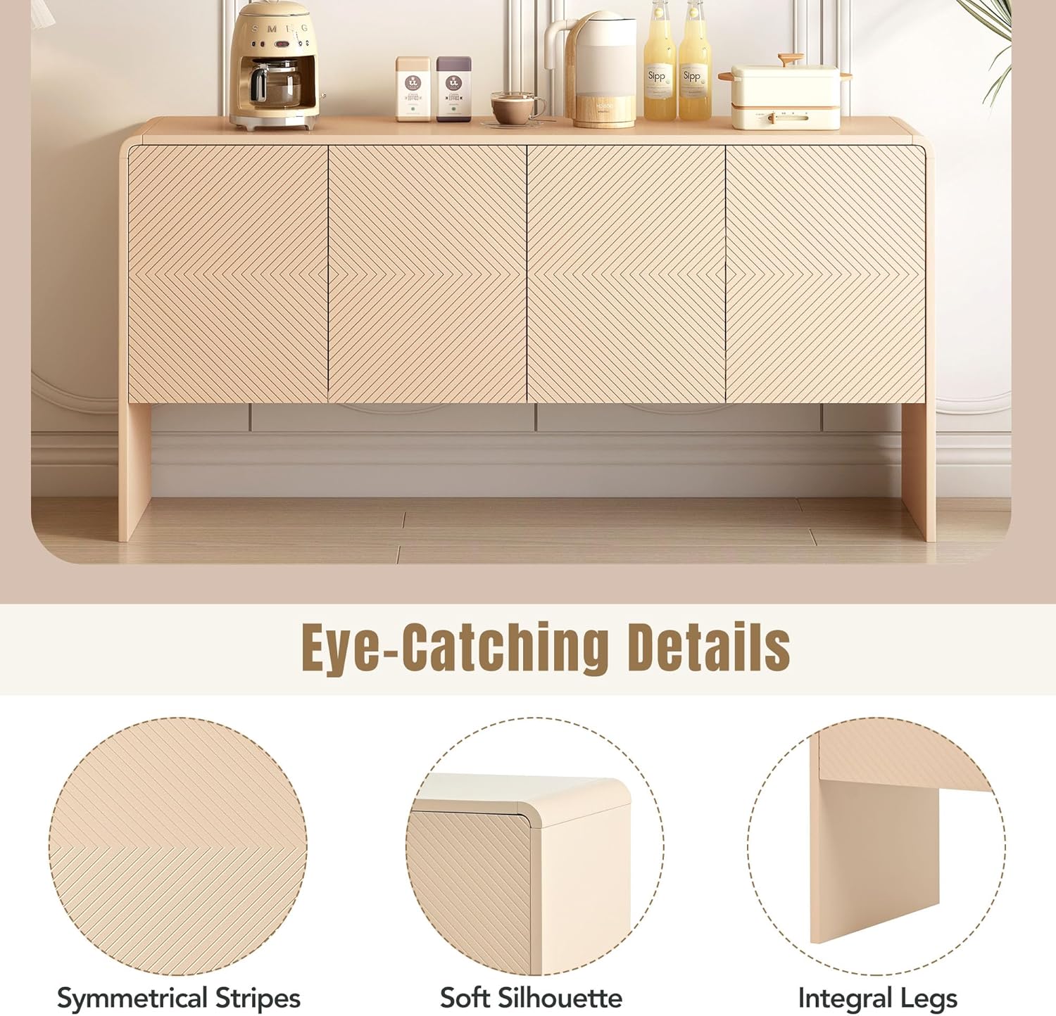60" Storage Sideboard with 4 Doors, Adjustable Shelves, Apricot Cream Q7969