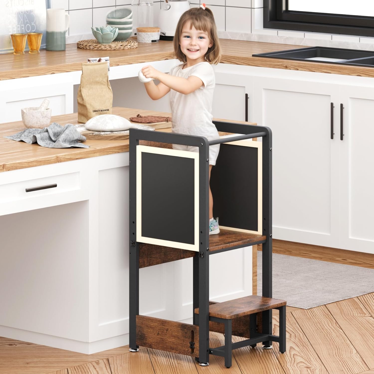 Toddler Kitchen Stool Helper 4-in-1 with Chalkboard Safety Rail, Adjustable Height Wooden Standing Tower J36959