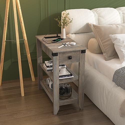 Fameill End Tables Set of 2, Narrow Side Table with Charging Station, Rustic Grey S81225