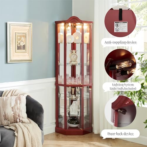 Henf 69.6" Lighted Glass Corner Curio Cabinet with Adjustable Shelves F77011