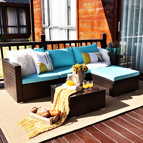 Tangkula 5 Piece Outdoor Patio Furniture Set, Wicker Sectional Sofa with Glass Top Coffee Table, Turquoise H613244