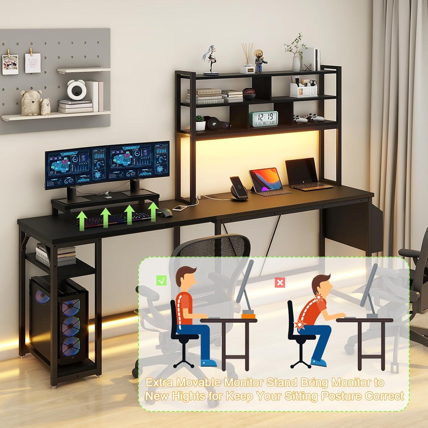 L Shaped Computer Desk with LED Lights and Power Outlets X615315