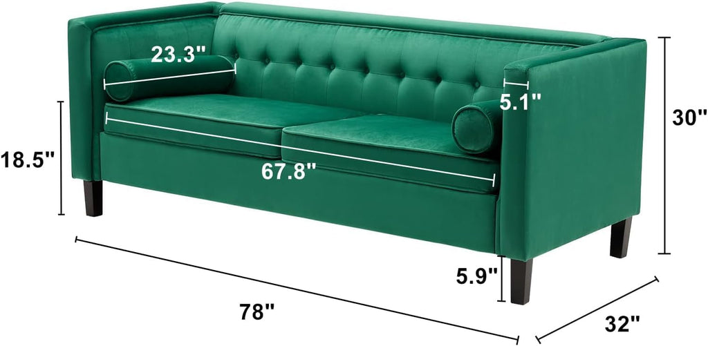 Mid-Century Velvet Sofa with Bolster Pillows, Green P274