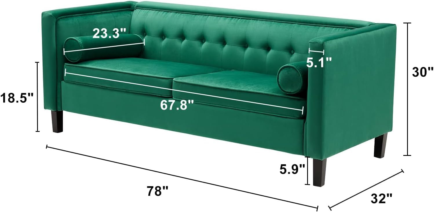 Mid-Century Velvet Sofa with Bolster Pillows, Green P274