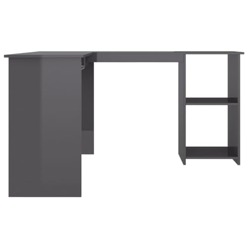 L-Shaped Corner Desk High Gloss Gray with Sliding Keyboard Tray and Shelves L661680