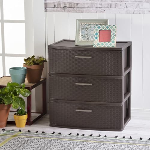 3 Drawer Wide Plastic Weave Tower with Pull Handles, Espresso Q666