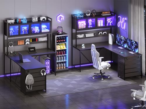 L Shaped Gaming Desk with Drawers and Storage Shelves P3118
