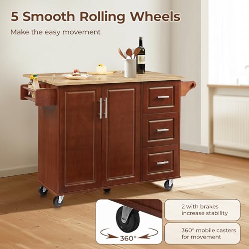 54" Kitchen Island Cart with Drop Leaf, Storage and Wood Tabletop X357