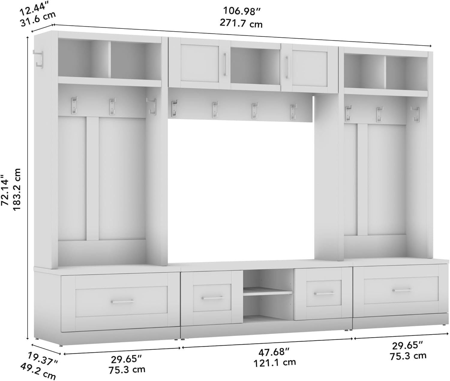 Bush Furniture Hampton Heights Full Entryway Storage Set with Coat Rack and Shoe Benches, White D250