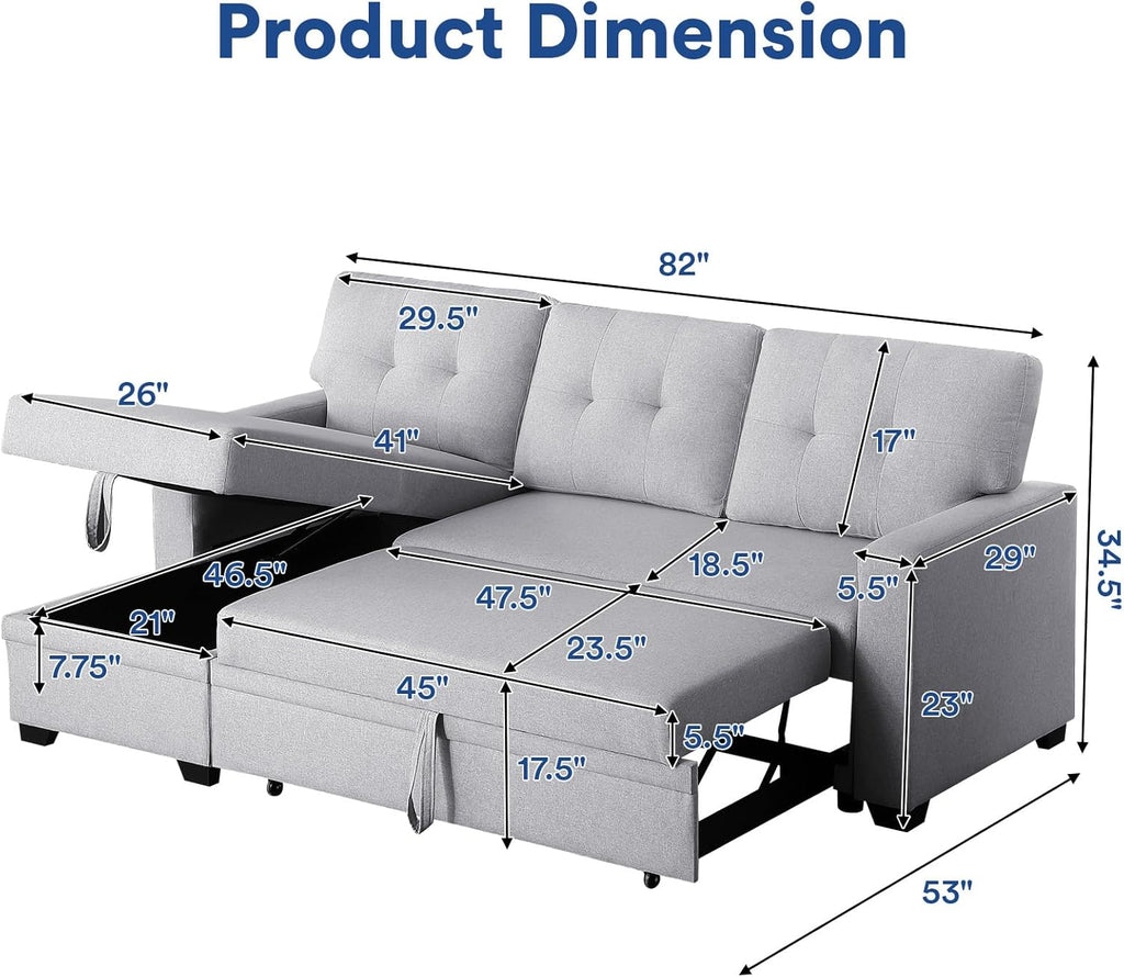 4-in-1 Convertible L Shaped Couch with Pull Out Bed and Storage, Light Gray G8799