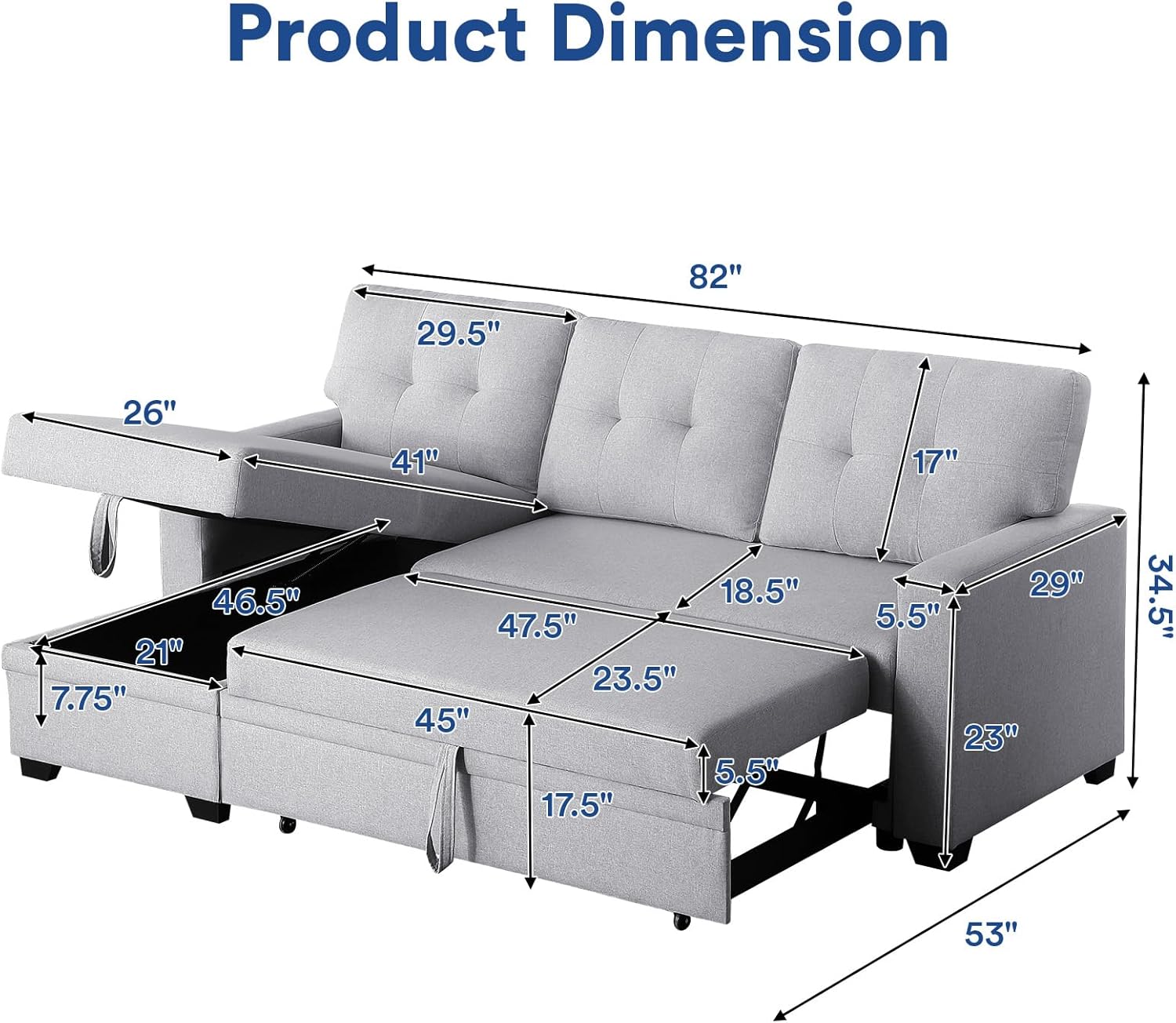 4-in-1 Convertible L Shaped Couch with Pull Out Bed and Storage, Light Gray G8799