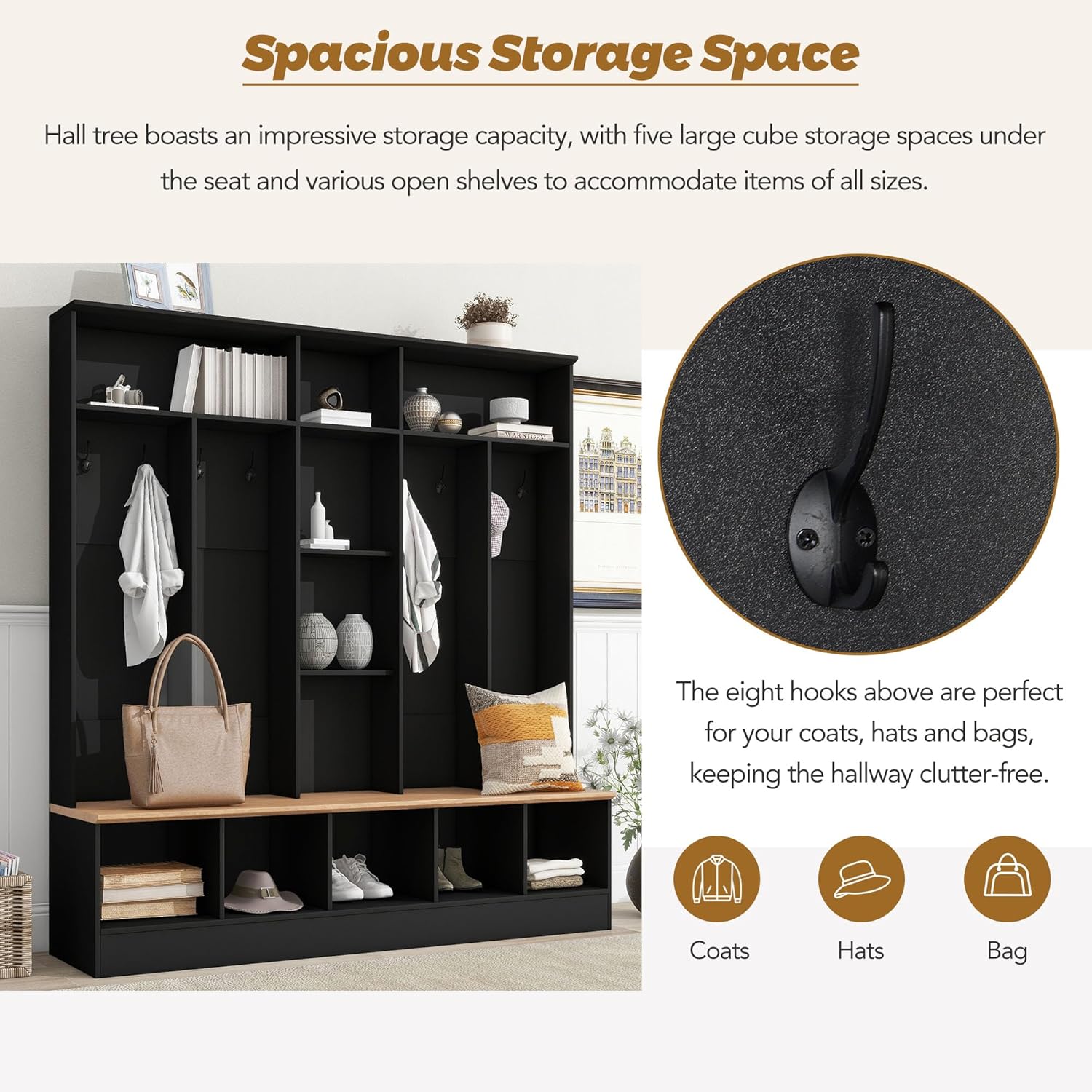 Hall Tree with Storage Bench and 8 Hooks, Black F639396