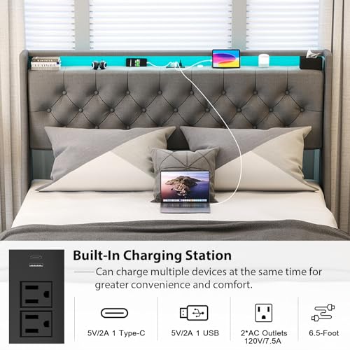 Full Size Bed Frame with 4 Storage Drawers and LED Lights, Upholstered Wingback Headboard, Gray E185