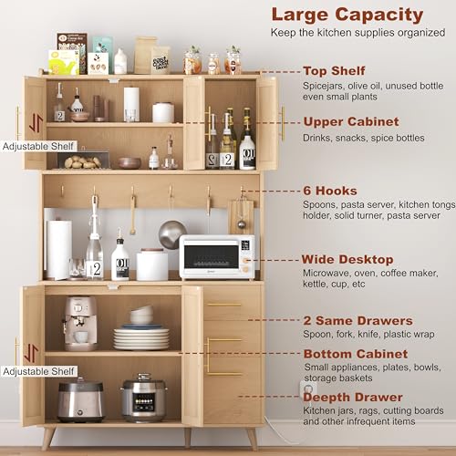 70.9" Kitchen Pantry Cabinet with Microwave Shelf, Rattan Hutch with Charging Station, Tall Floor Cupboard with Drawers and Doors, Black and Natural U6564