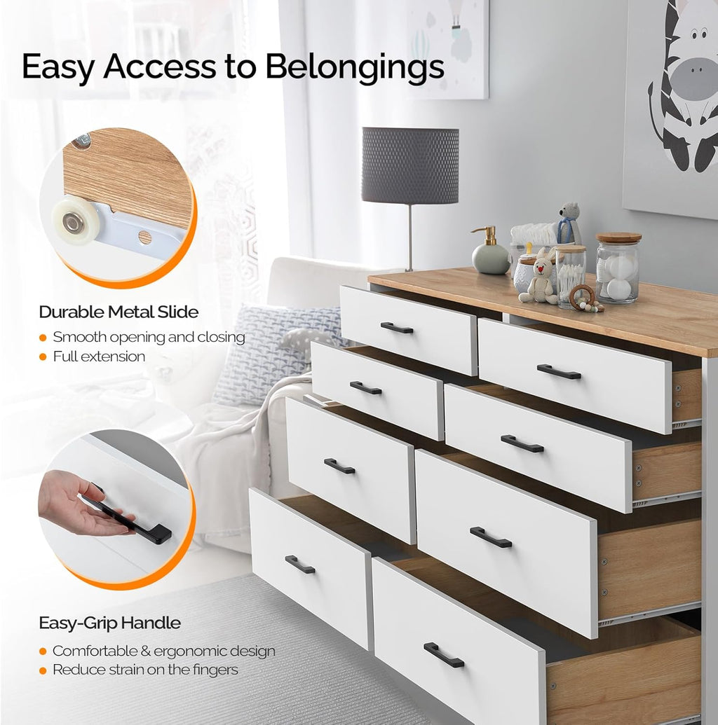 VINGLI 8 Drawer Dresser for Bedroom, White with Brown Top I1298