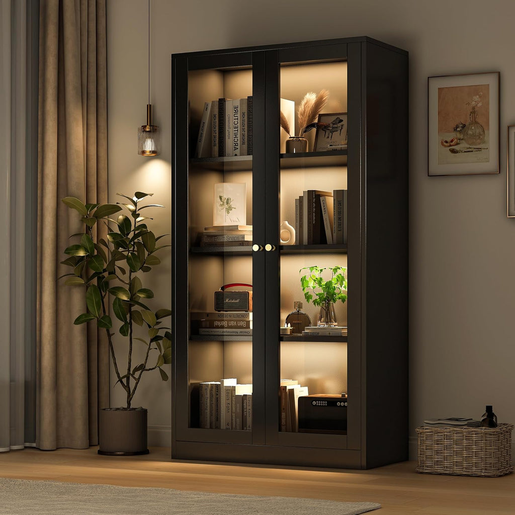 63'' Display Cabinet, Glass Display Cabinet with LED Light, 3 Adjustable Shelves, Curio Cabinet with Glass Doors for Home, Office, Collectibles, Pantry, Large Capacity (Black)