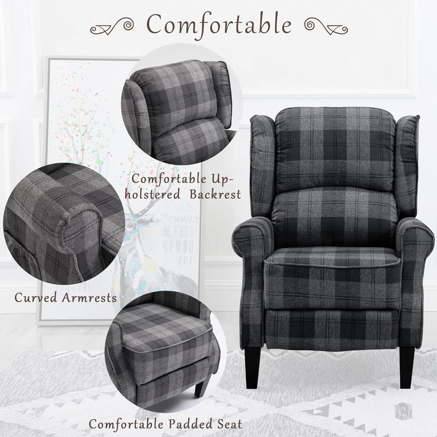 Modern Upholstered Recliner Chair with Footrest, Grey Check I198