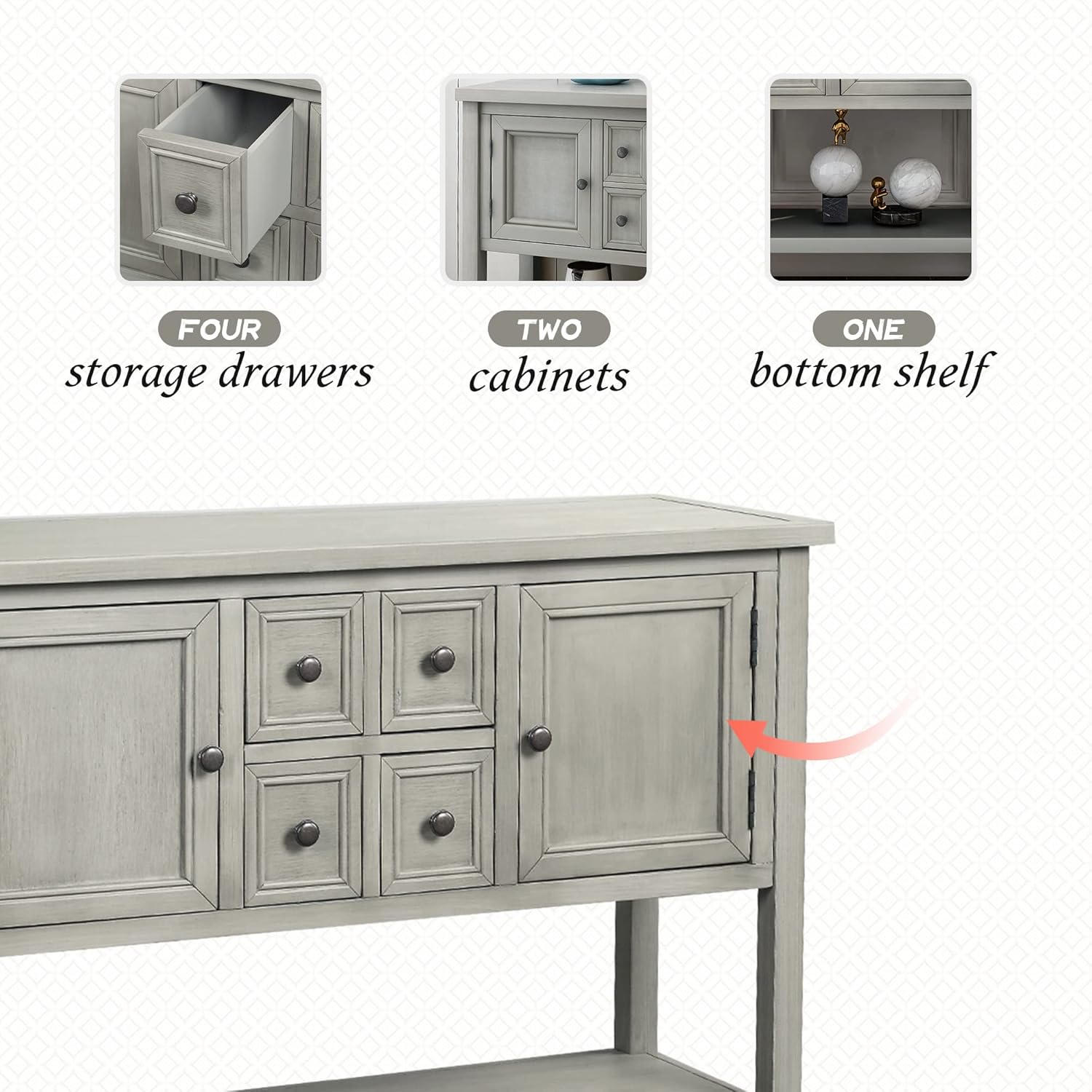 Farmhouse Vintage Console Table with 4 Drawers and Bottom Shelf, Solid Wood, Antique Gray F702450