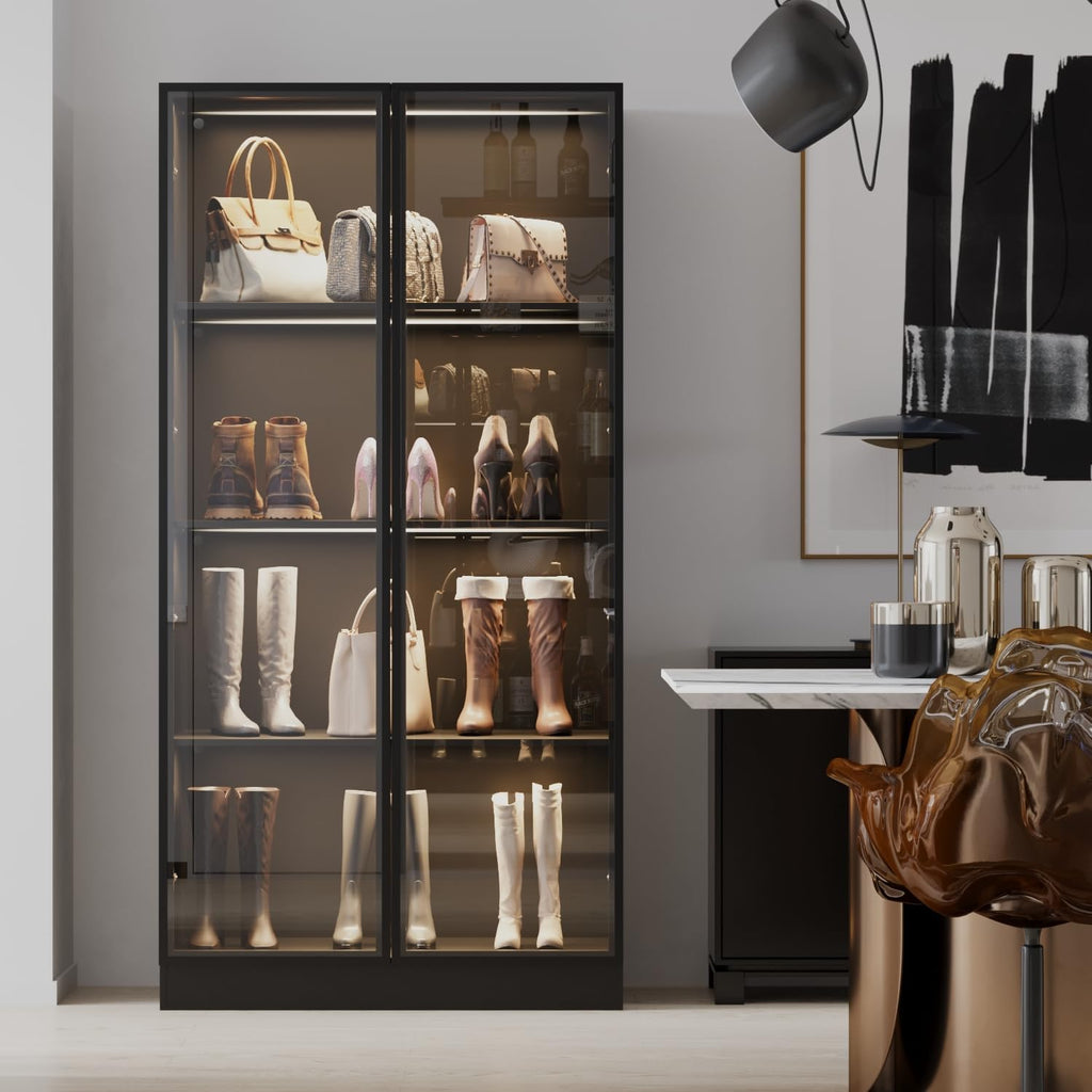 Display Cabinet with Glass Doors & Lights, 4-Tier, Black L5511