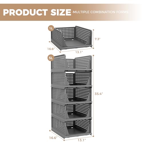 Pinkpum 5 Pack Folding Closet Organizers Storage Box, Stackable Plastic Drawer Basket for Clothing (Grey) H4860