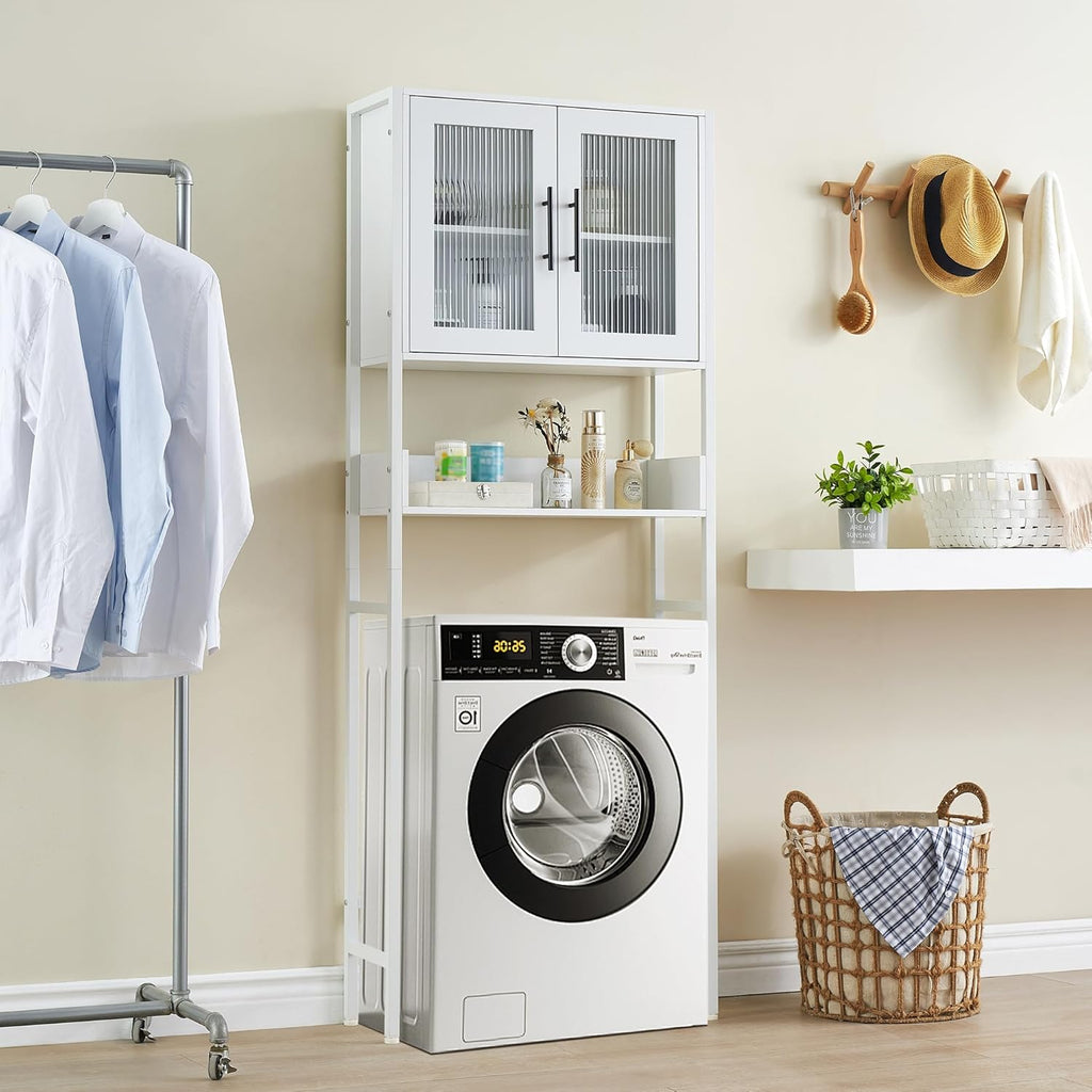IDEALHOUSE Over The Toilet Storage Cabinet, White, with Glass Doors and Adjustable Shelves E12536