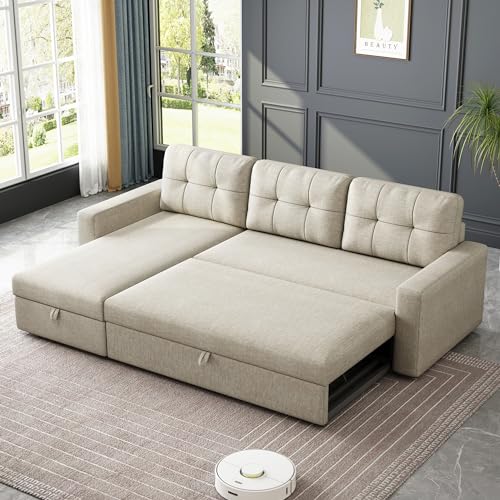 81.5" L-Shape Sleeper Sectional Sofa with Storage Chaise and Pull-Out Bed, Beige Q819814