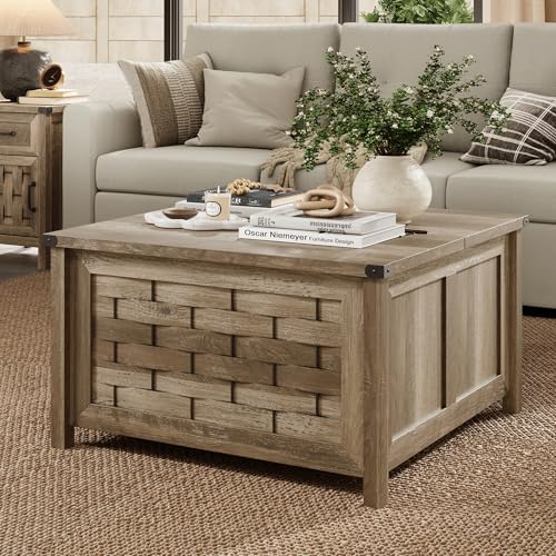 LINSY HOME Farmhouse Coffee Table, 31.5" Square Center Table with Large Hidden Storage, Rustic Cocktail Table with Hinged Lift Top for Living Room, Light Brown