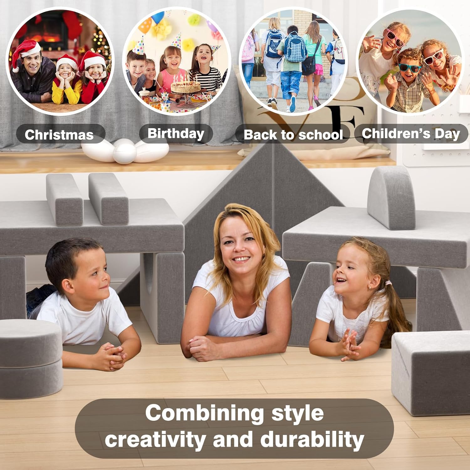 Kids Nugget Couch, 15PCS Modular Play Couch with Foam Cushion G559