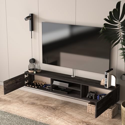 Atelier Mobili Floating TV Stand for 75 inch TV, Wall Mounted, Black Oak T667682