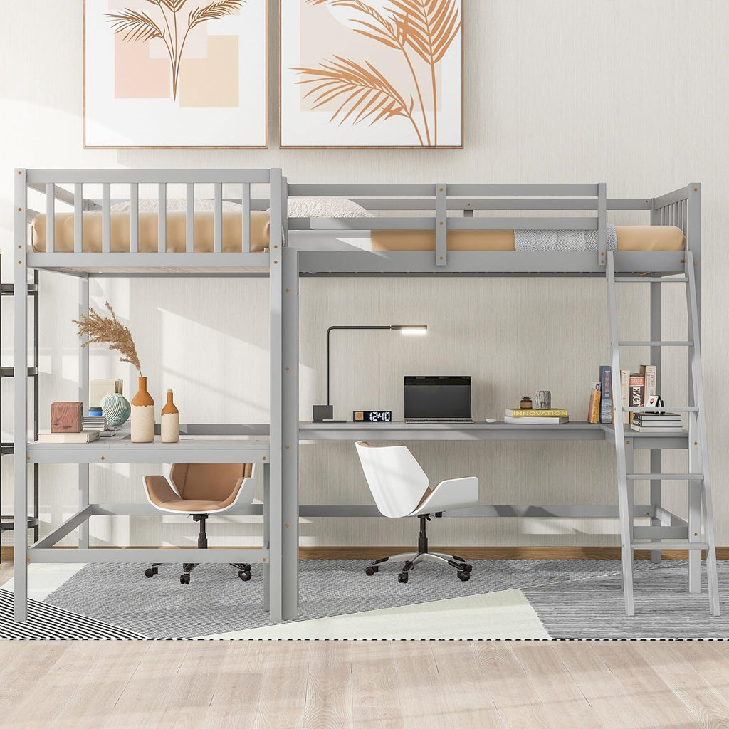 L-Shaped Double Twin Loft Bed with 2 Desks, Wood, Gray O422687