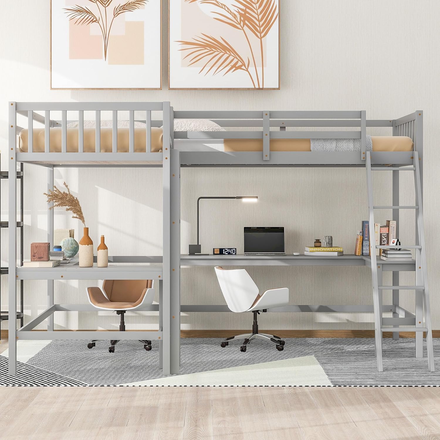 L-Shaped Double Twin Loft Bed with 2 Desks, Wood, Gray O422687