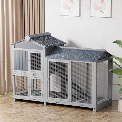 Rabbit Hutch Indoor Outdoor Bunny Cage 63" with Removable Trays, Grey L29660