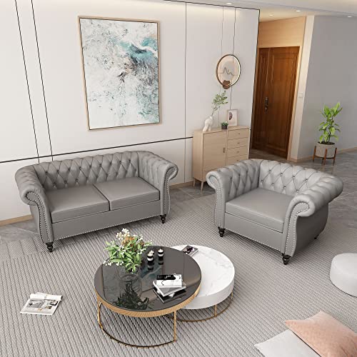 Chesterfield Velvet 3-Piece Living Room Set with Sofa, Loveseat & Chair, Beige Y293104